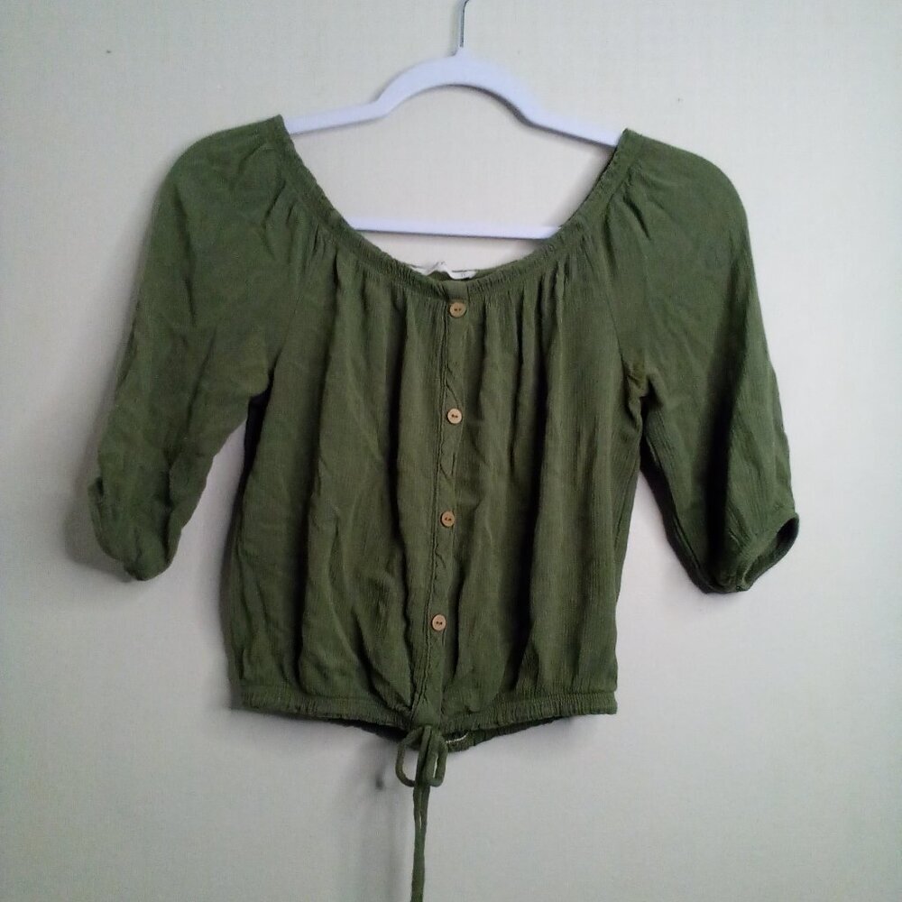 Wild Love Blouse Women S Cropped Half Sleeve Drawstring Green